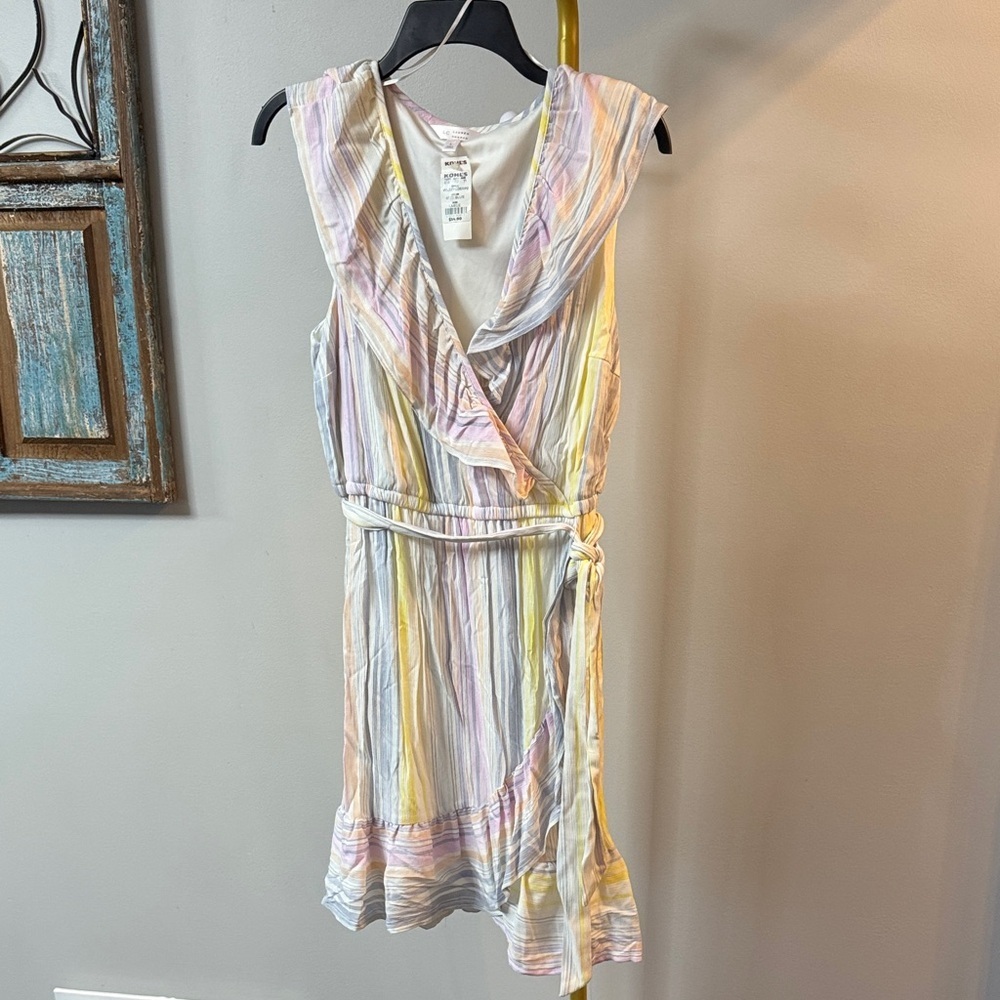 LC Lauren Conrad Pastel Multi-Stripe Ruffle Sleeveless Midi Dress NWT L